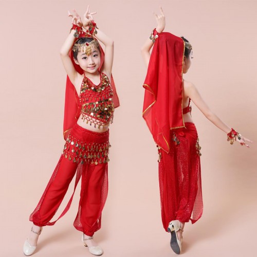 Red yellow kids belly dance 6 pcs(top+pant+belt+head chain+hand chain+veil) indian clothes  pink girls belly dance costume
